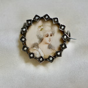 Victorian Sterling Seed Pearl Hand Painted Miniature Portrait Brooch