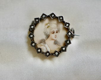 Victorian Sterling Seed Pearl Hand Painted Miniature Portrait Brooch