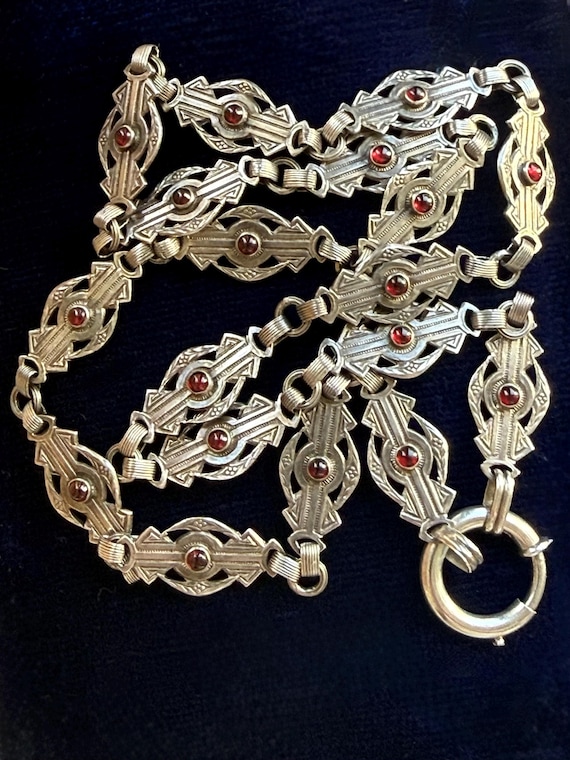 Victorian Sterling Silver Ruby Paste Fancy Link C… - image 4