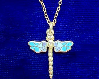 Mid-Century 21k Enamel Dragonfly Pendant Necklace