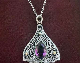 Art Deco Chromium Czech Glass Filigree Pendant