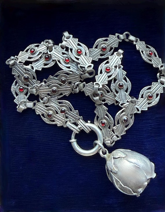 Victorian Sterling Silver Ruby Paste Fancy Link C… - image 1