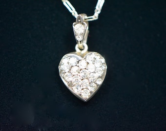 Mid Victorian Silver Heart Shaped Photo Locket Necklace with Clear Paste Stones, Valentine's Day, Wedding, Bridal Jewelry