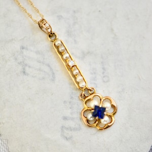Victorian Sapphire, Pearl and Diamond 14k Lavalier Necklace
