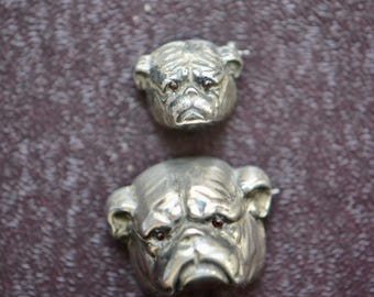 Rare Art Deco Sterling Silver Pair of Bulldog Brooches with Garnet Eyes
