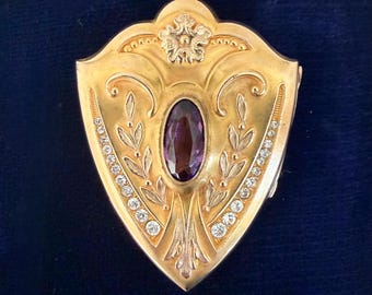 Victorian Large Gold Filled Heart Locket with Czech Purple Glass and Paste Stones