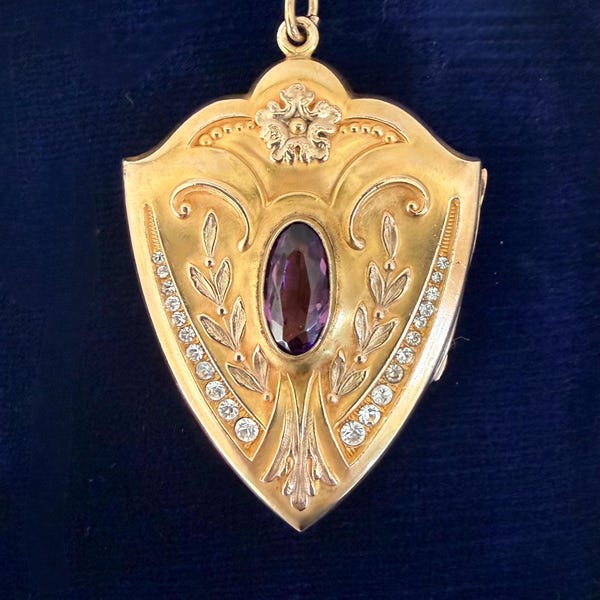 Victorian Large Gold Filled Heart Locket with Czech Purple Glass and Paste Stones