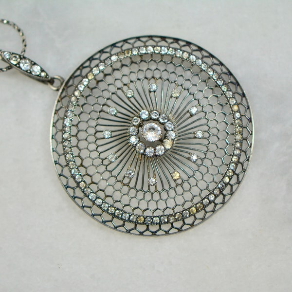 Art Deco Sterling and Paste Large Round Pendant Necklace, 1920s