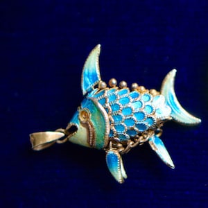 Art Deco Sterling Enamel Articulated Blue Green Fish Pendant