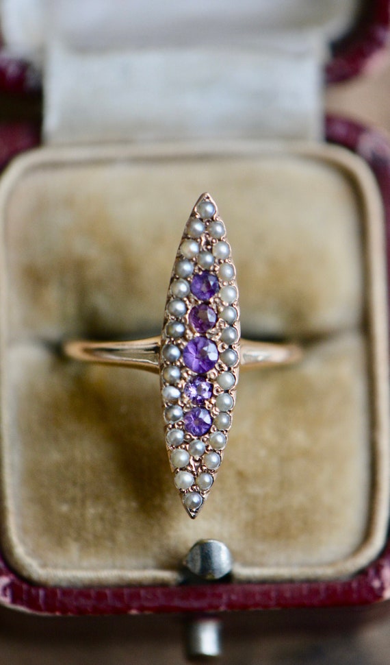 Victorian Gold Amethyst and Pearl Navette Ring