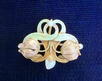 Victorian Gold Iridescent Enamel Floral Motif Watch Brooch/Pendant