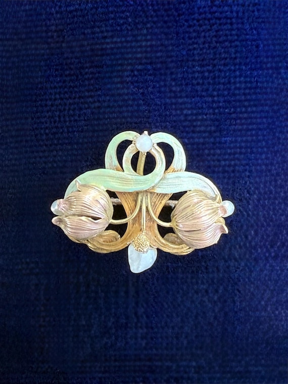 Victorian Gold Iridescent Enamel Floral Motif Watch Brooch  display picture 2