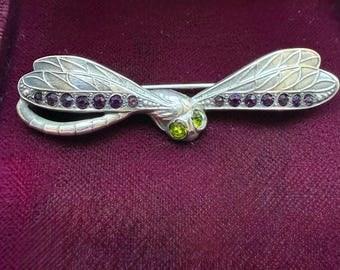Victorian Sterling Silver Dragonfly Brooch with Purple and Green Paste Stones