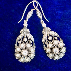English Victorian Sterling and Paste Dangle Heart Floral Earrings, 1840s - 1860s, Wedding, Valentine&#39;s Day