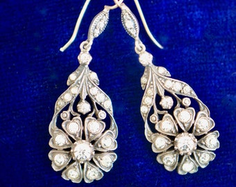 English Victorian Sterling and Paste Dangle Heart Floral Earrings, 1840s - 1860s, Wedding, Valentine's Day