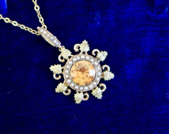 Edwardian 14k Gold Orange/Yellow Unheated Zircon Pendant Necklace with Pearls and Leaves, 1905