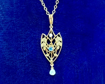 Vintage 14k Sapphire and Pearls Lavalier Pendant Necklace