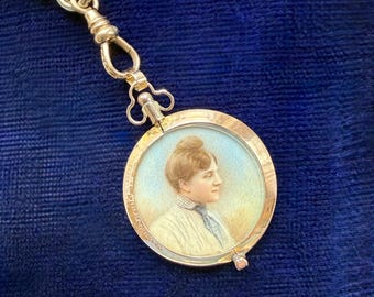 Victorian English 9K Hand Painted Portrait Double-Sided Locket Pendant, Photo Locket