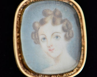 Georgian English Lapel Pin, Handpainted Young Girl