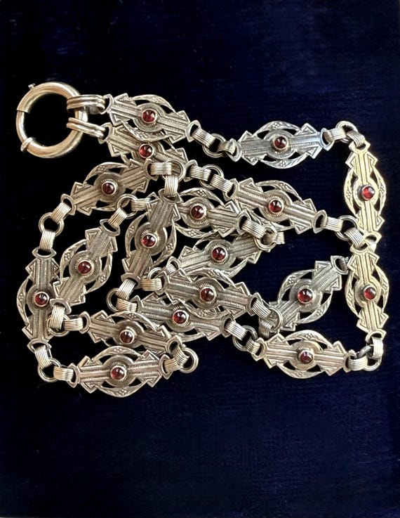 Victorian Sterling Silver Ruby Paste Fancy Link C… - image 2