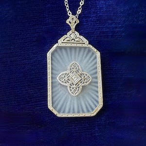 Art Deco 14k Large Camphor Diamond Filigree Pendant Necklace