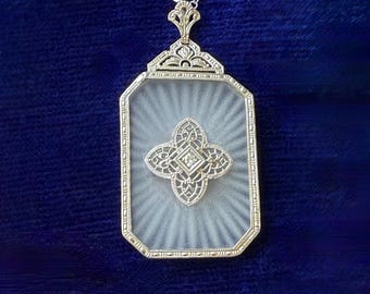 Art Deco 14k Large Camphor Diamond Filigree Pendant Necklace