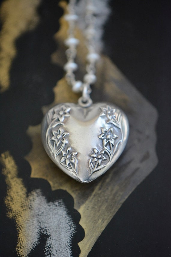 Vintage Sterling Puffy Heart Pendant Necklace with