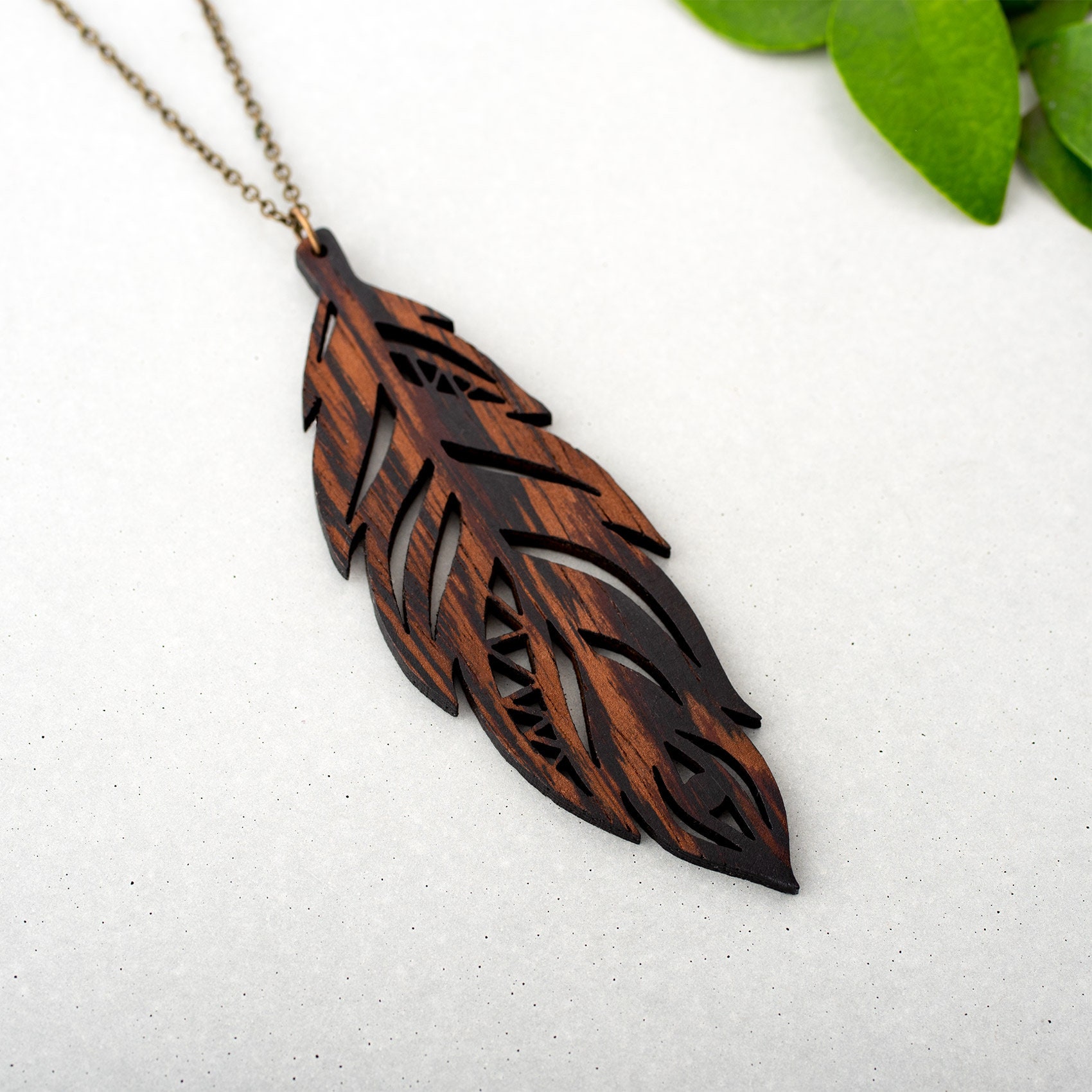 Wooden Feather Necklace Long Pendant 'plume' Dark Etsy