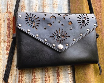 The Phoebe Purse Brown or Black Genuine Leather Small Cross Body Bag Eye Moon Stars Metallic Studded