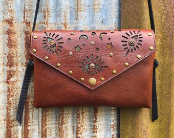 The Phoebe Purse Handmade Brown or Black Genuine Leather Small Cross Body Hand Bag Eye Moon Stars Metallic Sparkle