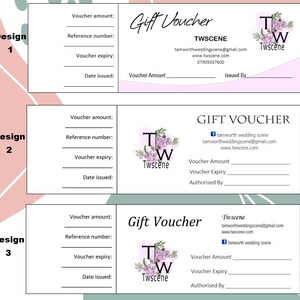 Puede incluir: Tres dise&ntilde;os diferentes para un vale de regalo con un logotipo floral que dice "Twscene". El vale tiene campos para el importe del vale, el n&uacute;mero de referencia, la fecha de caducidad del vale y la fecha de emisi&oacute;n. El vale tambi&eacute;n tiene campos para el importe del vale, la fecha de caducidad del vale y la autorizaci&oacute;n.