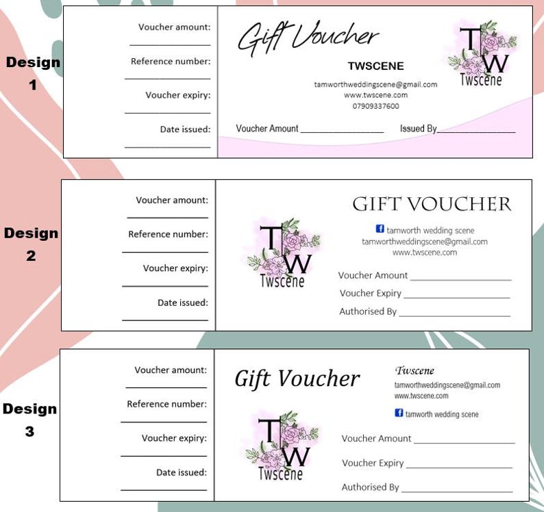 Puede incluir: Tres dise&ntilde;os diferentes para un vale de regalo con un logotipo floral que dice "Twscene". El vale tiene campos para el importe del vale, el n&uacute;mero de referencia, la fecha de caducidad del vale y la fecha de emisi&oacute;n. El vale tambi&eacute;n tiene campos para el importe del vale, la fecha de caducidad del vale y la autorizaci&oacute;n.
