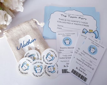 Tooth fairy bundle or single pink blue orange black stickers bag receipts card certificates