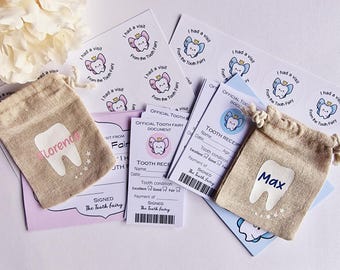 Paquete del Hada de los Dientes o individual rosa azul naranja verde negro pegatinas bolsa recibos tarjeta certificados
