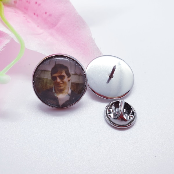 Memory photo pin badge silver colour wedding birthday Christmas 18mm box option