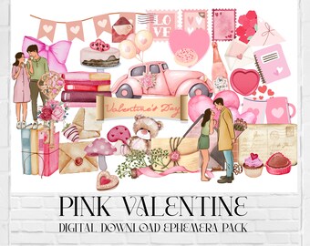 Pink Valentine- Digital Download, Fussy Cut for Junk Journal, Printable Sheet, PDF (Over 50+ Digital Images)