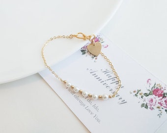 Dainty Pearl Bracelet: Gold Heart Charm, Gold Filled Beads