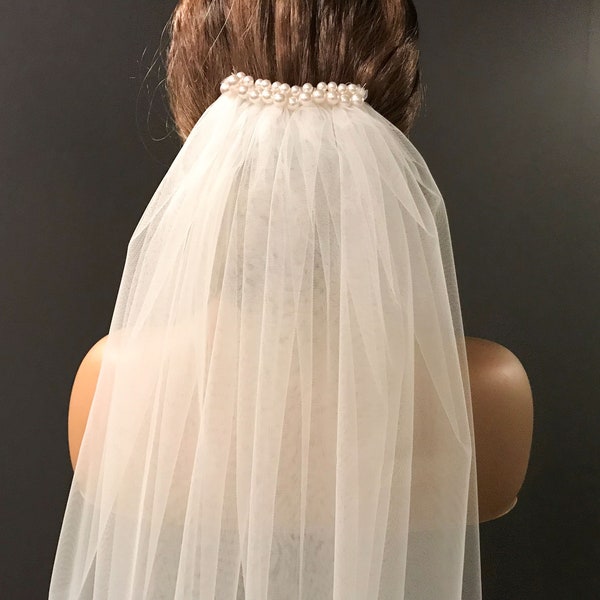 Pearl Wedding Veil, Bridal Tulle Veil, Short Cut Edge Veil, Single Layer Veil, Simple veil