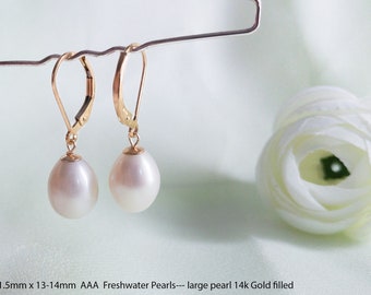 14k Gold Filled Freshwater Pearl Leverback Earrings: Big Pearls Drop Bridal Jewelry, Mother of Bride Gift