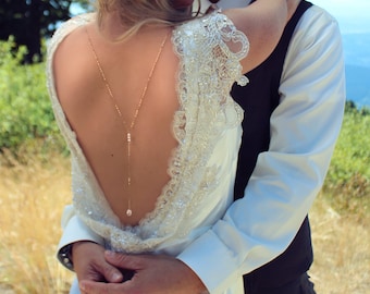 Freshwater Pearl Bridal Backdrop Necklace: Gold Filled Lariat Jewelry