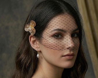 Flower Pearl Charm Birdcage Veil, Wedding French Netting Bridal veil.