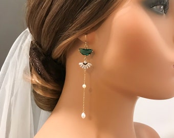Freshwater Pearl Drop Earrings: Emerald Green Crystal CZ Fan Bridal Jewelry,  June Birthstone wedding gift