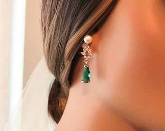 Emerald Green Crystal Dangle Earrings: Freshwater Pearl CZ Bridal Jewelry