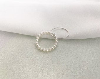 Tiny European Crystal Pearl ring, Twist ring / pearl ring Set Of 2, Sterling silver Stacking ring, Delicate ring,  Mini pearl rings