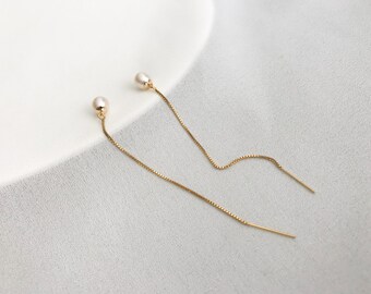 14K Gold Filled Pearl Threader Earrings: Bridal Wedding Jewelry