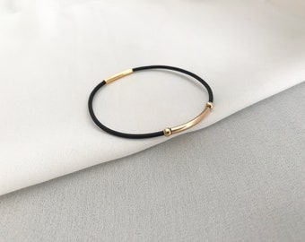 14K Gold Filled Tube Bracelet, Leather Cord bracelet, stacked Jewelry, Unisex jewelry, Black Cord Bangle Bracelet, Gift for Women