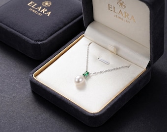 Emerald CZ Freshwater Pearl Necklace, sterling silver jewelry , white natural pearl, wedding gift for bridesmaids,