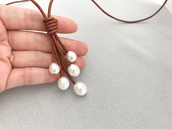 Freshwater Pearl Leather Necklace, White Pearl Jewelry