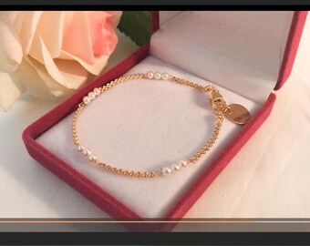 Gold Filled Freshwater Pearl Bracelet: Dainty Disc Charm, Bridesmaid Jewelry