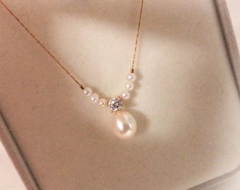 CZ White Freshwater Pearls Necklace, Bridal Jewelry, Wedding Gift for her